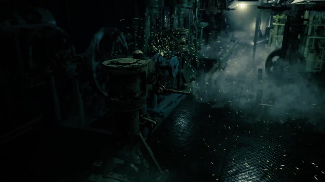 Green tinted walkway through engine bay with patina and wet rails, control panels faintly glowing, robotic maintenance unit examining corrosion and unusual