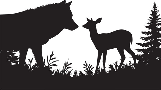Silhouette of a wolf and a deer facing each other, in a black