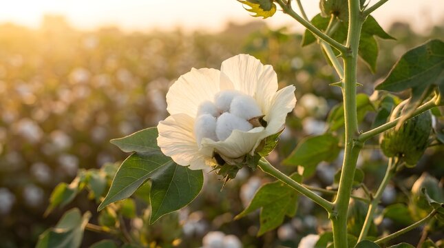 Cotton plant bloom in field golden hour agricultural scene