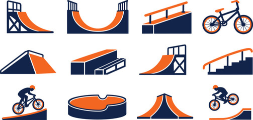 Obraz premium Collection of stylized ramps and a bicycle for extreme sports and parkour activities.