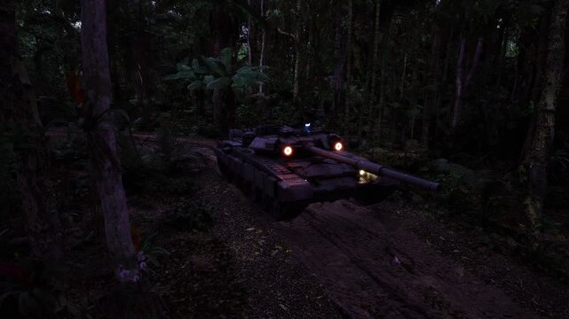 Low light tank navigating muddy track, blue and amber lights guiding path through dense trees, compacted ruts and foliage, armor plates glint in minimal light,