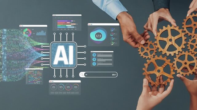 Detailed Representation of Artificial Intelligence and Data Analysis with Hands Overlapping Gears and Charts in a Modern Digital Workspace Sigmoid