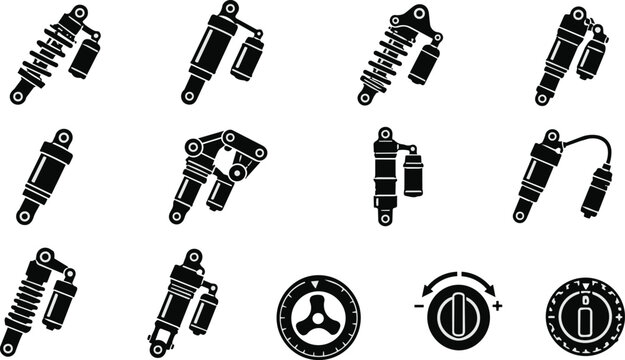 Collection of black icons representing various shock absorber types and related components.