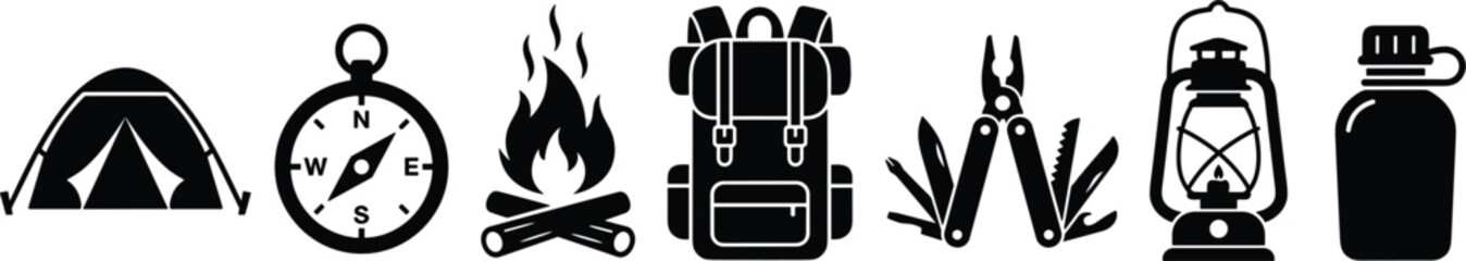 Camping and outdoor adventure icon set featuring tent compass campfire backpack multitool lantern and canteen flask black vector silhouette silhouettes on white background © Rakib