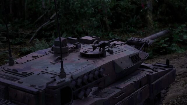 Armored tank in dense jungle dusk scouting turret and antenna details, wet foliage, muddy tracks, low light camouflage, atmosphere of covert patrol