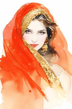 Watercolor portrait of an elegant woman wearing a traditional orange veil and golden jewelry. Arabian style concept inspired by tales of One Thousand and One Nights. Cultural beauty art.