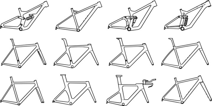 Collection of bicycle frame schematics showcasing various suspension and geometry configurations.