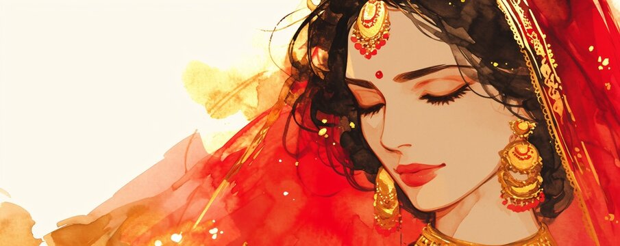 Beautiful Indian woman in traditional jewelry and red veil. Portrait of elegant lady inspired by One Thousand and One Nights tales. Banner with copy space