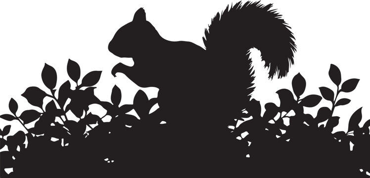 Squirrel silhouette standing on hind legs in foliage black