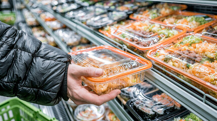 Fototapeta na wymiar Grocery Shopping for Prepared Meals: A person's hand reaches for a pre-packaged meal in a refrigerated display case at a grocery store, showcasing convenience food options.