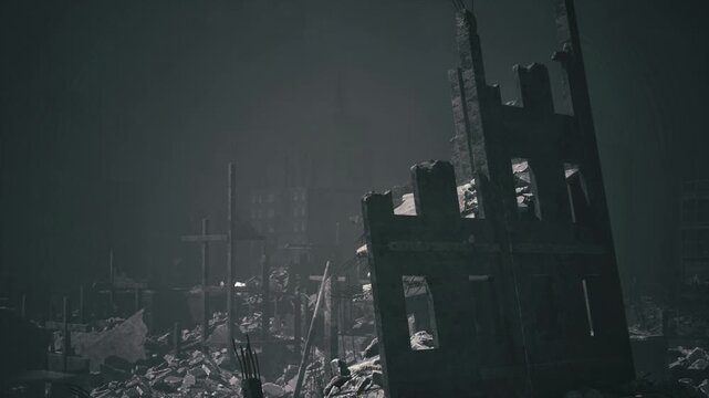 Dark apartment shell overlooking ashcovered rubble, shattered window frames, collapsed interior glimpses, scattered household detritus halfburied in dust,