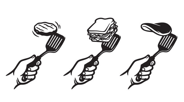 Set of graffiti black and white showing a hand holding a spatula flipping a burger, a sandwich, and a pancake, isolated on a white background