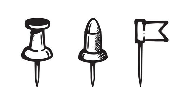 Set of three graffiti black ink of office push pins and a map marker flag isolated on a white background, for stationery