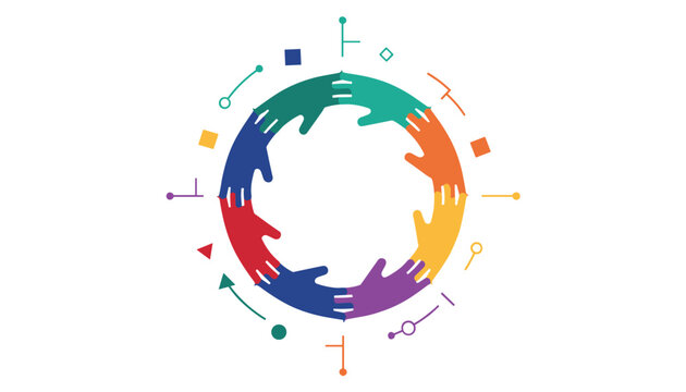 Colorful human hands connected in a circle represent unity, global collaboration, and partnership in a modern abstract design concept.