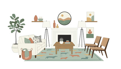 Fototapeta premium Cozy living room scene featuring a fireplace, comfortable seating area, wooden coffee table, patterned rug, and decorative plants in a warm home.