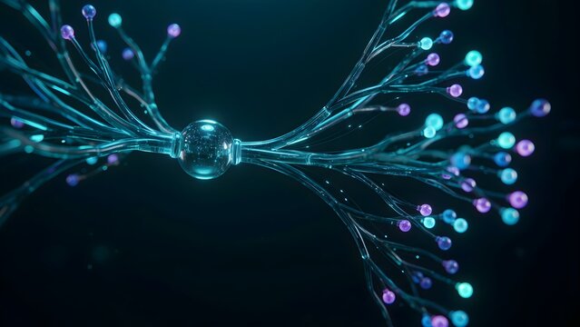 AI decision tree visualization as glowing 3D network, abstract data world, clean tech aesthetic