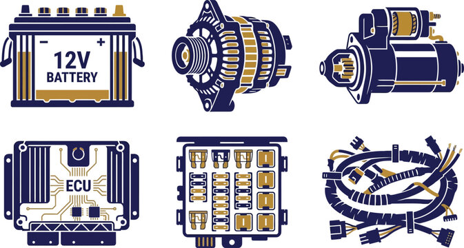 Collection of automotive electrical system components including battery alternator starter ECU fuse box and wiring harness flat vector illustration for auto repair and technology concepts