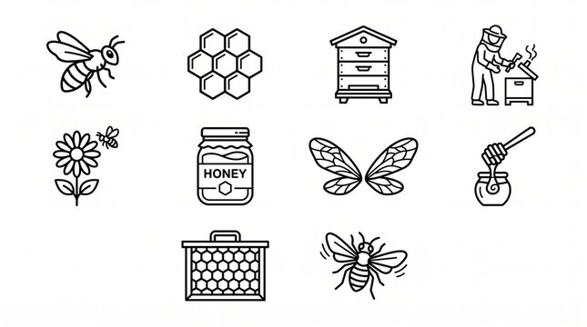 Black-and-white icon set illustrating apiculture and honey production, including bee, honeycomb, hive, jar, beekeeper, flower, wings, dipper, and extractor.