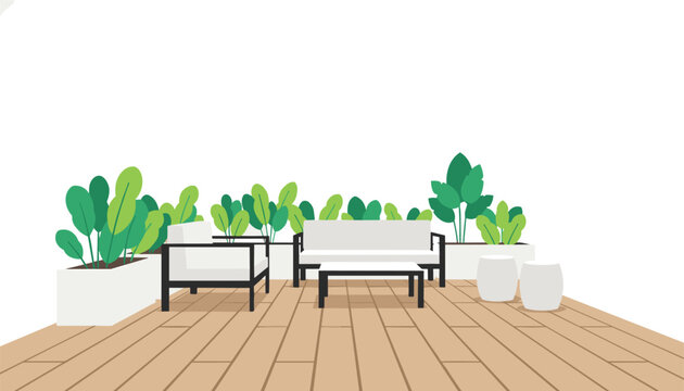 Peaceful outdoor deck area featuring a sofa and lounge chairs with plenty of potted green plants in a minimalist setting.