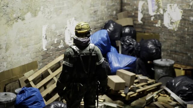 Nightwatch technician surveying loading area, helmeted figure with reflective stripes facing pallet stacks and refuse, hazy ambient glow through grimy windows,