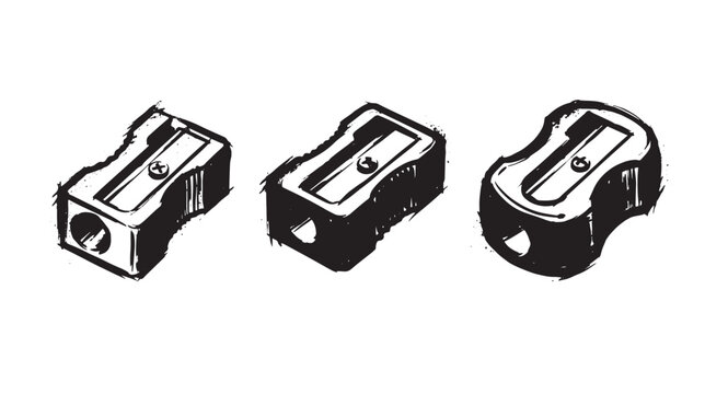 Three detailed hand drawn graffiti black ink of pencil sharpeners isolated on a white background, for school and, office supplies