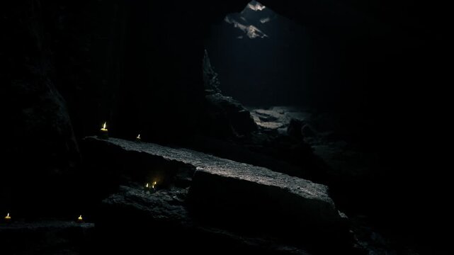 Ancient burial chamber with heavy stone slabs and votive candles, moss growth and carved glyphs suggest ritual tomb, dense silence heightens mysterious