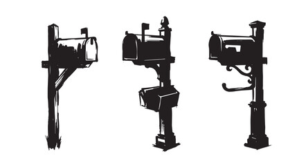 Fototapeta premium Three graffiti black and white hand-drawn mailbox on posts, including a wooden post, a double mailbox, and a decorative ornate post, on a white background