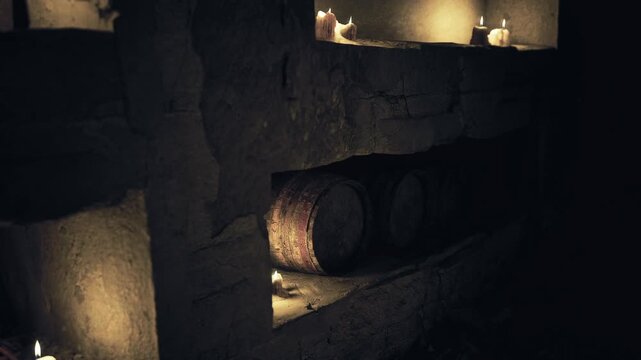 Dim oil cellar alcove with wooden casks and candles, soft amber sheen on curved staves, stone shelves and lingering herbaceous aroma suggesting cold press