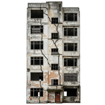 Old abandoned apartment building with damaged facade isolated on transparent background