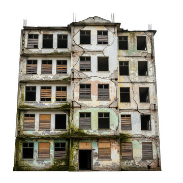 Old abandoned ruined apartment building with broken windows isolated on transparent background