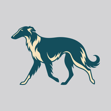 A stylized silhouette of a sighthound in mid-stride on a neutral background