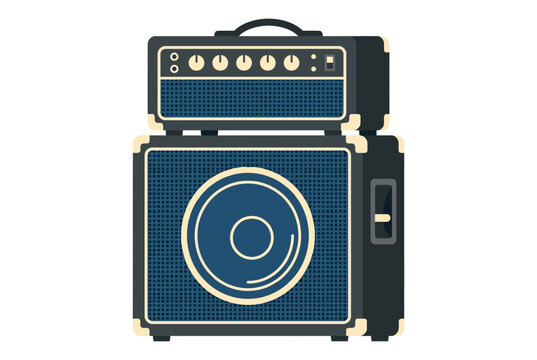 Vintage-style blue guitar amplifier stack with control knobs on a white