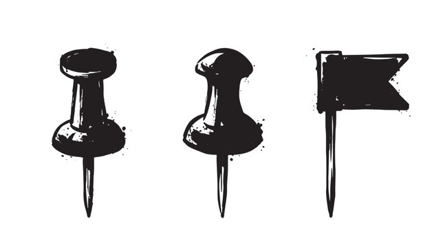 Three hand drawn graffiti black ink of push pins and a map flag pin isolated on a white background, for office stationery