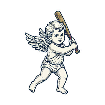 A cute winged cherub holding a wooden baseball bat ready