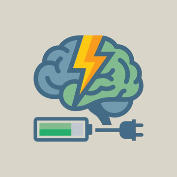An illustration of a human brain charging with a battery and lightning bolt