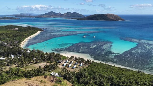 Drone view of a beach resort and sandbar, Oarsmans Bay, Nacula Island, Fiji