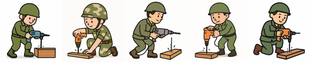 Fototapeta premium Set of vector illustrations of a soldier drilling wood.
