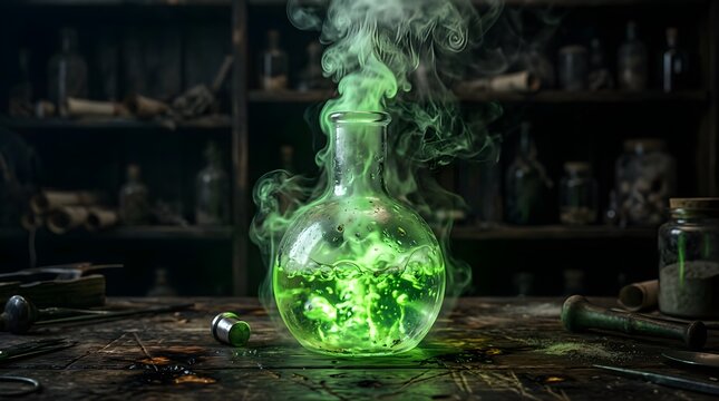 Green bubbling potion in a glass flask inside a dark alchemist laboratory