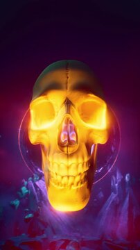 Gothic Floating Skull With Fiery Glowing Eyes Inside Magic Neon Circle