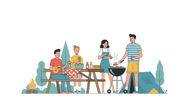 Group of friends prepares food on a charcoal grill while enjoying a picnic at a wooden table in the woods during a pleasant sunny camping holiday.