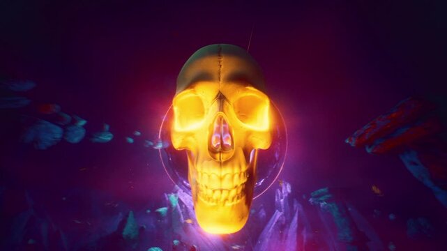 Stylized Human Skull Glowing Orange In Front Of Mystic Portal 3D Render