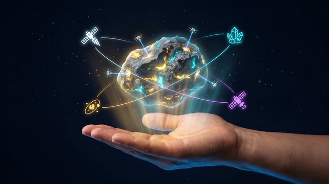 Futuristic asteroid mining hologram in hand, space resource exploration concept, glowing digital asteroid with satellite icons and cosmic data