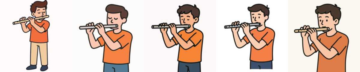 Set of vector illustrations of a young man playing the flute. © sarah16blakeyxh2