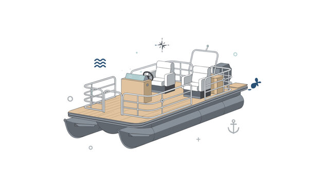 Modern pontoon boat illustration designed in a sleek isometric style featuring a deck area and captain seats on a white background.