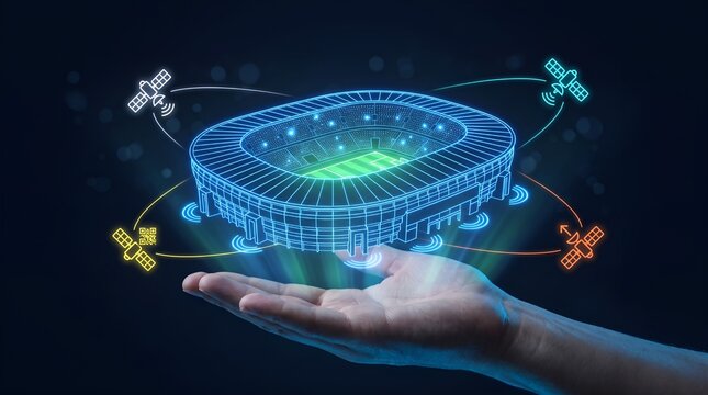 Futuristic digital stadium hologram in hand, smart arena technology with satellite connectivity, glowing blue wireframe sports venue concept