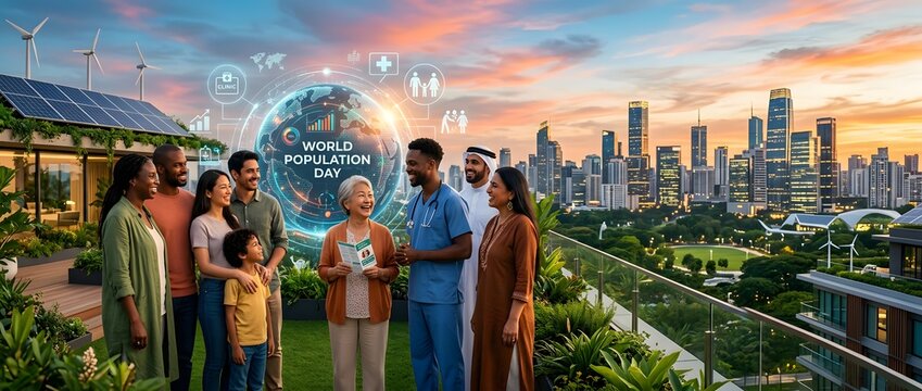 Diverse group of people celebrating World Population Day on a green rooftop