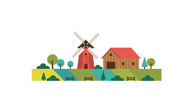 Rural landscape illustration featuring a classic windmill and a wooden barn situated in a green field with trees and simple fencing.