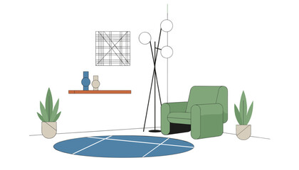 Fototapeta premium Cozy living room interior featuring a green armchair next to a tall floor lamp with indoor plants and a round rug on the floor.