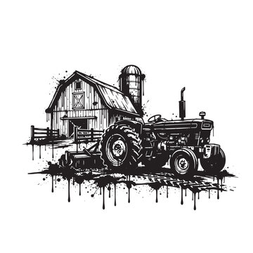 Graffiti style black and white ink of a farm tractor parked in front of a rustic wooden barn and a tall silo with paint dripping effects on white background