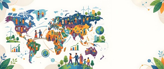 Naklejka premium Diverse people across world map illustration for global population day